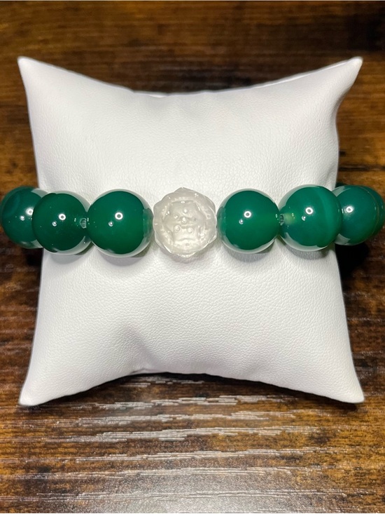Jewelry - 14mm Green Jade Bracelet with Clear Quartz Lotus Flowers